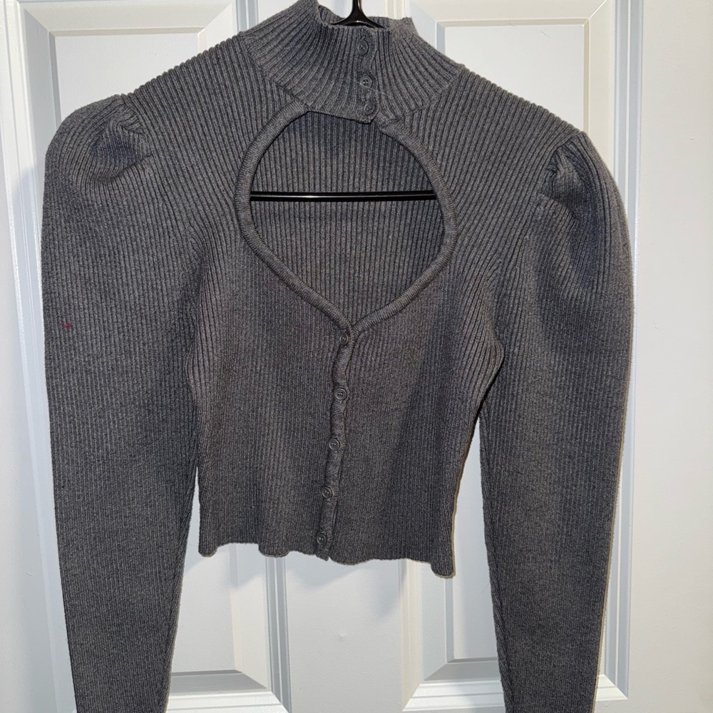 Sweetheart Mock Neck Gray Ribbed Women's Sweater